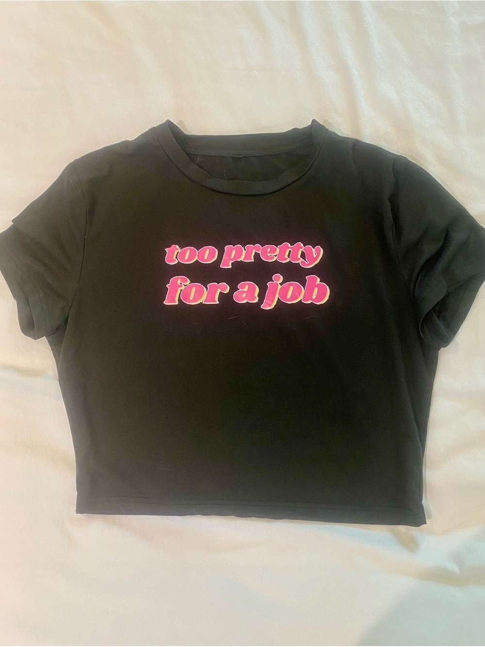 Black Graphic Crop Tee with Pink “Too Pretty For A Job”‎